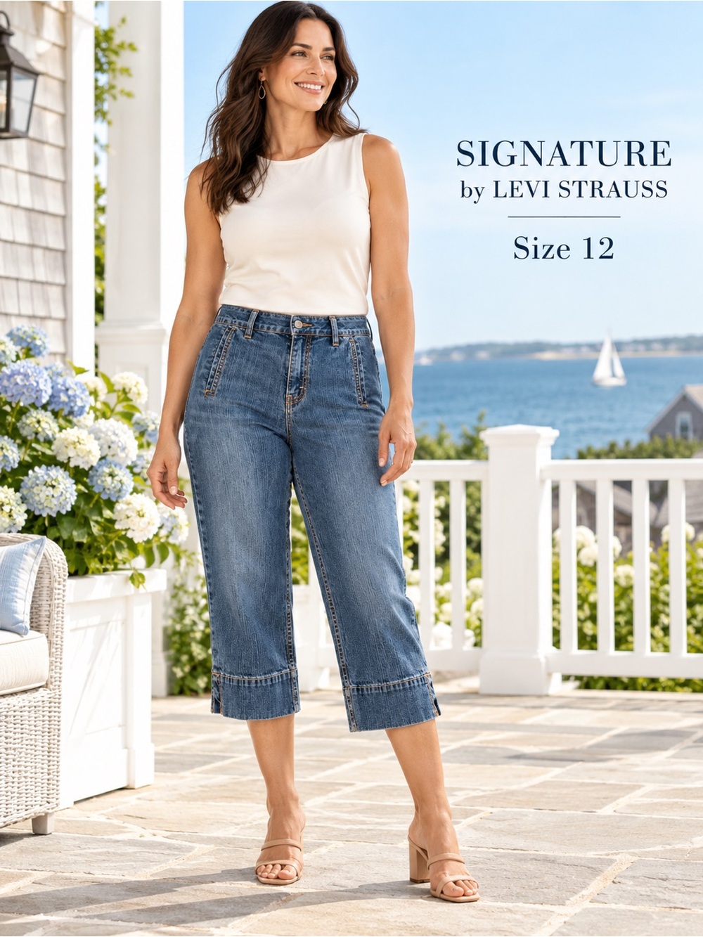 Signature by Levi Strauss Stretch Denim Capri Jeans Size 12 Side Slit Hem